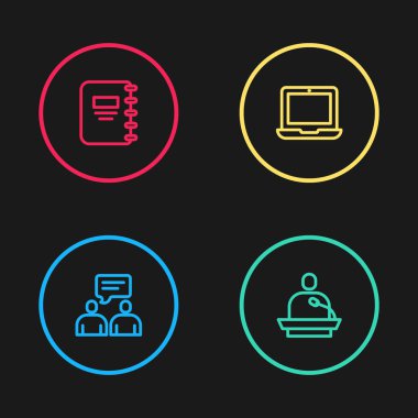 İkinci hatta oturan adamlar konuşuyor, konferans veriyor, dizüstü bilgisayar ve dizüstü bilgisayar ikonu. Vektör