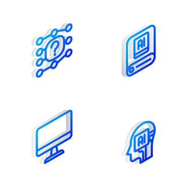 Isometric hattı yapay zeka yapay zeka, sinirsel ağ, bilgisayar monitörü ve insansı robot simgesini ayarla. Vektör