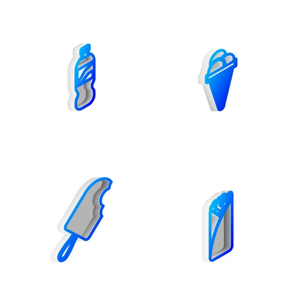 Set Isometrische Linie Eis Waffelkegel Flasche Wasser Und Burrito Symbol — Stockvektor
