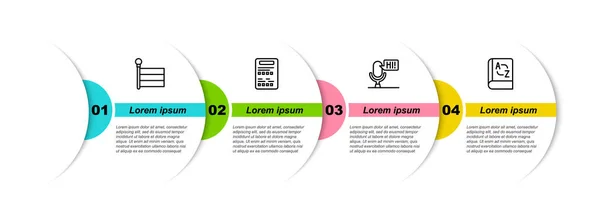Zeilenflagge Prüfungsbogen Mikrofon Sprachgerät Und Übersetzerbuch Geschäftsinfografische Vorlage Vektor — Stockvektor