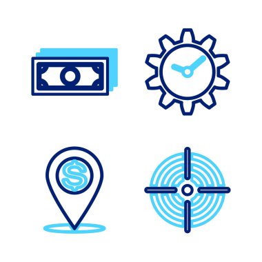 Hedef sporu, nakit lokasyon şifresi, zaman yönetimi ve kağıt para ikonu. Vektör