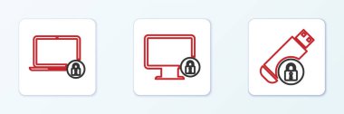 Satır USB flash diskini kilit, dizüstü bilgisayar ve Lock ile monitör simgesine ayarla. Vektör