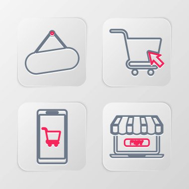 Çevrimiçi alışveriş, cep telefonu ve el arabası imleç ve tabela asılı ikonu ile alışveriş. Vektör