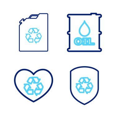 Hattı geri dönüşüm kalkanı, çevre dostu kalp, yağ fıçısı ve yakıt kutusu ikonu olarak ayarla. Vektör