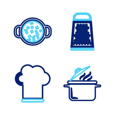 Hattı kur, tencere, şef şapkası, rende ve çorba ikonu. Vektör