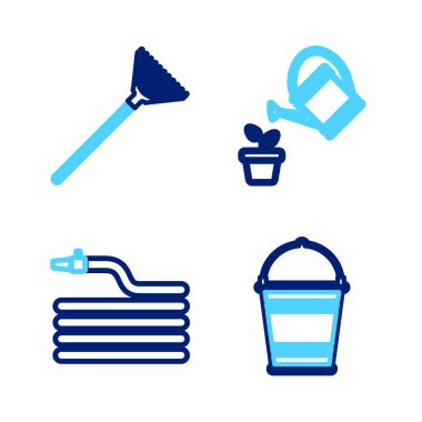 Toprağa ağaç dikme, bahçe hortumu ya da yangın hortumu konserve sulama ve yaprak ikonu için tırmıkla. Vektör