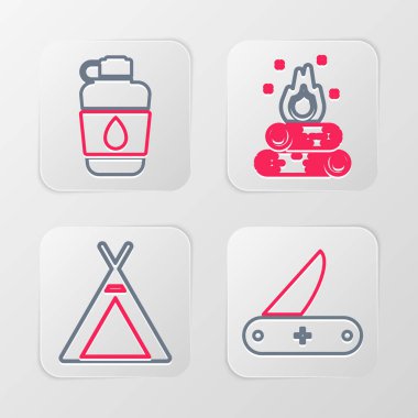 Sıralı İsviçre çakısı, turist çadırı, kamp ateşi ve kantin su şişesi ikonu. Vektör