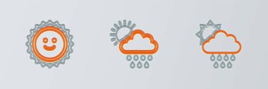Bulut 'u yağmur, güneş, güneş ve ikonla sırala. Vektör