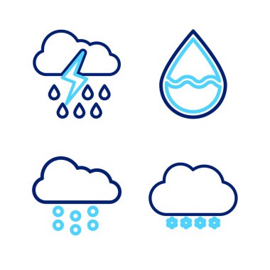 Bulut 'u karla, su damlasıyla, yağmurla ve yıldırım ikonuyla donatın. Vektör