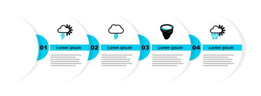 Bulutlu 'yu yağmur ve güneşe, Kasırga, Fırtına ve ikona ayarla. Vektör