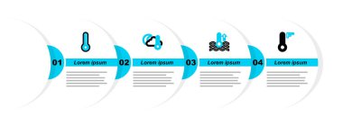 Meteoroloji termometresini, suyu, termometreyi ve bulutu, ayı ve ikonu ayarla. Vektör