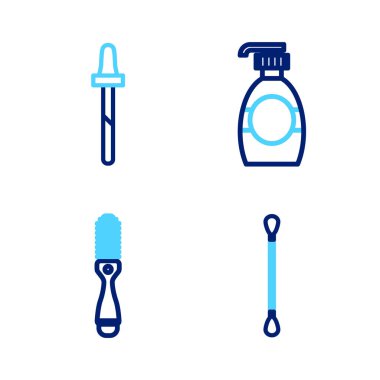 Kulaklar için pamuk çubuğu, saç fırçası, bir şişe sıvı sabun ve Pipette ikonu. Vektör