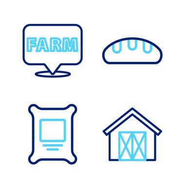 Çiftlik evi, gübre torbası, ekmek somunu ve çiftlik ikonu. Vektör