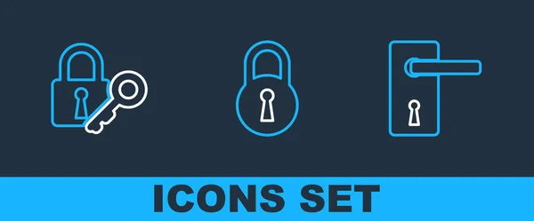 Set Line Door Handle Lock Key Icon Vector — Stock Vector