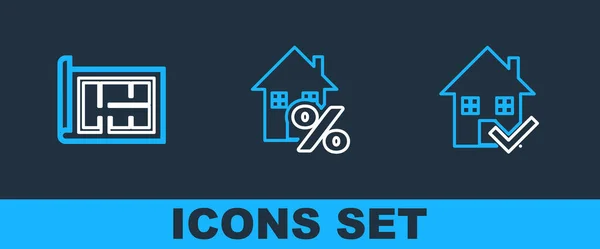 Set Line House Check Mark Plan Percant Icon Vector — Stock Vector