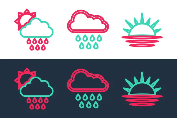 Set Line Puesta Del Sol Nube Con Lluvia Sol Icono — Vector de stock