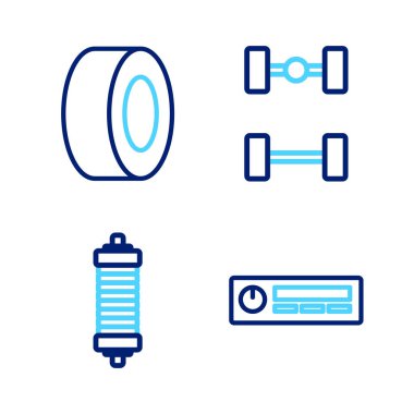 Hat otomobil sesi, şok emici, Chassis arabası ve lastik ikonu ayarlayın. Vektör