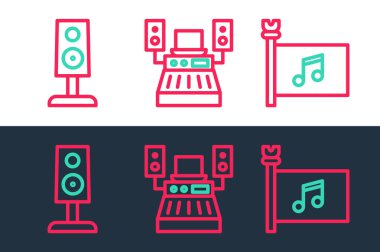 Set hattı Müzik Festivali bayrağı, Stereo hoparlörü ve kayıt stüdyo ikonu. Vektör