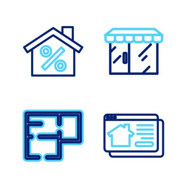 Set line Online Emlak Evi, Ev Planı, Market ve indirimli satış ikonu. Vektör