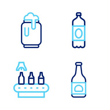 Bira şişesi, konveyör bant, bira, plastik ve köpük ikonlu kutu. Vektör