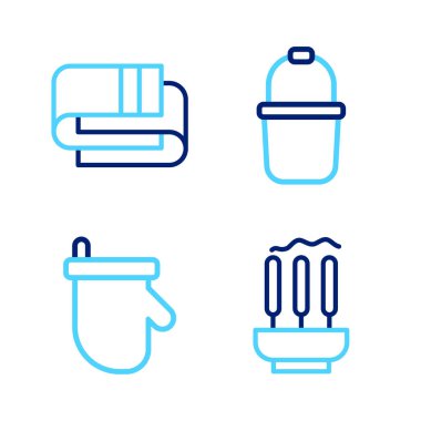 Tütsü çubukları, sauna eldivenleri, kova ve havlu yığını simgesi. Vektör