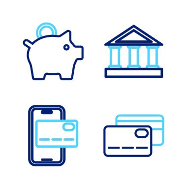 Sabit hat kredi kartı, mobil bankacılık, banka binası ve Piggy ikonu. Vektör