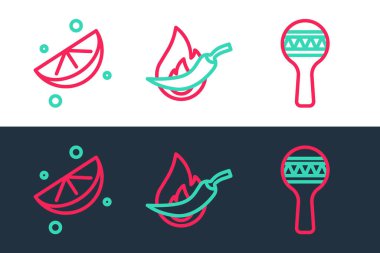 Sıra Maracas, dilimlenmiş limon ve acı biber kabuğu ikonu. Vektör