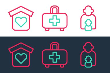 Sabit hat çocuklarla ilgilenmek, evsizler için barınak ve ilk yardım çantası ikonu. Vektör