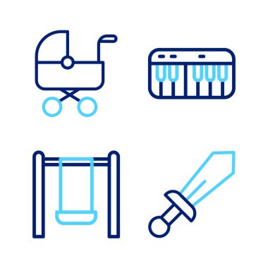 Kılıç oyuncağı, salıncak, müzik sentezleyicisi ve bebek arabası ikonu. Vektör