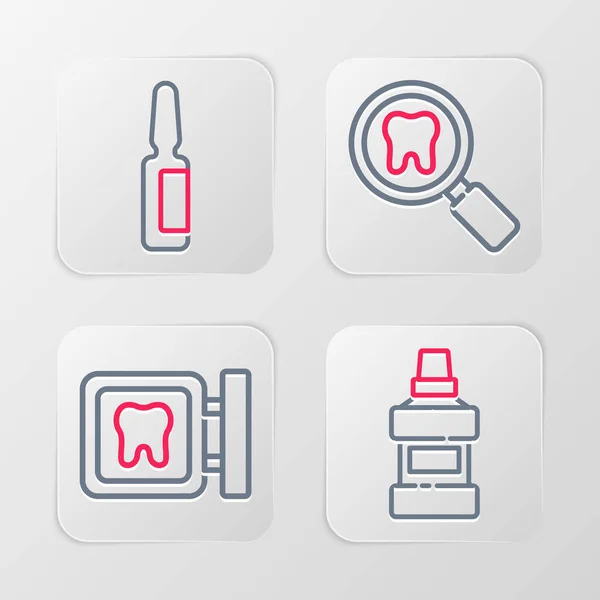 ラインを設定するマウスウォッシュボトル 歯科医院の場所 検索や鎮痛剤のタブレットのアイコン ベクトル — ストックベクタ
