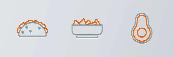 Set Line Fruta Aguacate Taco Con Tortilla Nachos Bowl Icon — Vector de stock