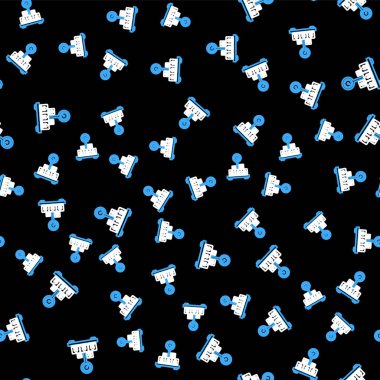 Karton kutu simgesi ile çizgi ölçeklendirmesi siyah arkaplanda izole edilmiş pürüzsüz desen. Lojistik ve teslimat. Dağıtım paketinin ağırlığı bir ölçekte. Vektör