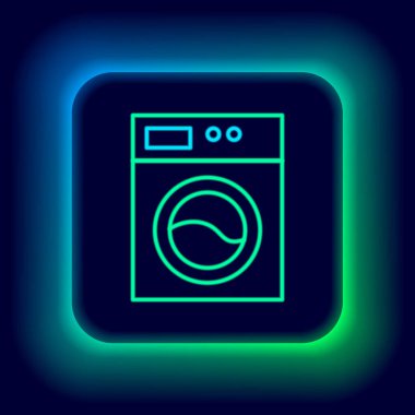 Parlayan neon hattı yıkama ikonu siyah arkaplanda izole edildi. Çamaşır makinesi simgesi. Çamaşır makinesi, çamaşır makinesi. Ev aletleri sembolü. Renkli taslak konsepti. Vektör