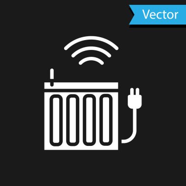 Beyaz akıllı ısıtma radyatörü simgesi siyah arkaplanda izole edildi. İnternet kavramının kablosuz bağlantısı. Vektör