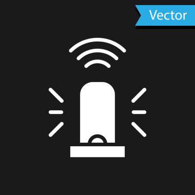 Beyaz Akıllı siren sistemi simgesi siyah arkaplanda izole edildi. Acil durum sireni. İnternet kavramının kablosuz bağlantısı. Vektör