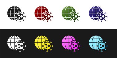 Siyah ve beyaz arka planda virüs ikonuna sahip Dünya küresi ayarlayın. Corona virüsü 2019-nCoV. Bakteri ve mikroplar, hücre kanseri, mikrop, mantar. Vektör.