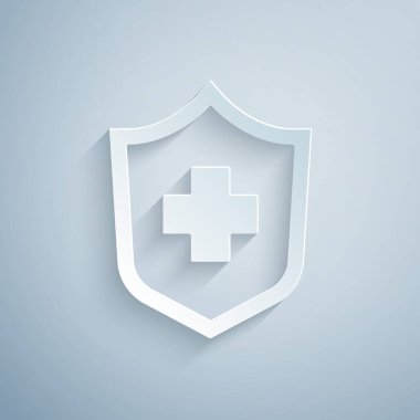 Kağıt kesiği, gri arka planda izole edilmiş sağlık sigortası ikonu. Hasta koruması. Güvenlik, güvenlik, koruma, konsept koruma. Kağıt sanatı tarzı. Vektör.