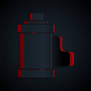 Kağıt kesiği, siyah arkaplanda izole edilmiş eski model film rulo kartuş simgesi. 35 mm 'lik film kutusu. Film şeridi fotoğrafçı ekipmanı. Kağıt sanatı tarzı. Vektör