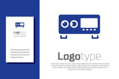 Mavi Gitar yükseltici simgesi beyaz arkaplanda izole edildi. Müzik aleti. Logo tasarım şablonu elemanı. Vektör