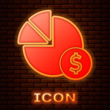 Parlayan neon turta grafiği ve dolar sembolü ikonu tuğla duvar arka planında izole edilmiş. Diyagram çizelgesi. Vektör