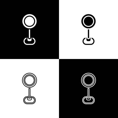 Trafik işaretini ayarla. Siyah ve beyaz arkaplanda sinyal simgesi izole edildi. İşaretçi sembolü. İzole sokak bilgi levhası. Yön tabelası. Vektör