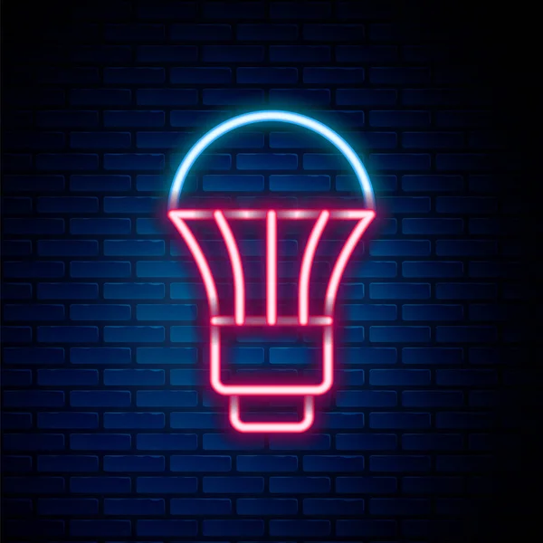 Leuchtende Neon-Linie LED-Glühbirnen-Symbol isoliert auf Backstein-Hintergrund. Wirtschaftliche LED beleuchtete Glühbirne. Energiesparlampen sparen. Buntes Rahmenkonzept. Vektor — Stockvektor