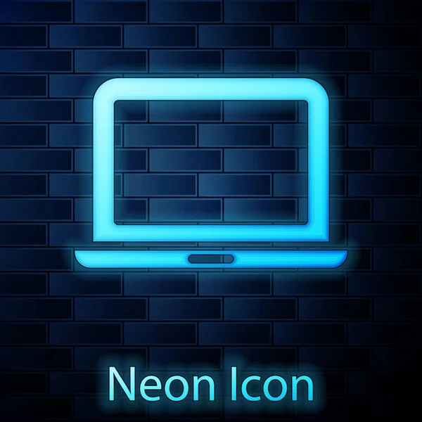 Icono brillante de neón portátil aislado en el fondo de la pared de ladrillo. Computadora portátil con pantalla vacía. Vector — Vector de stock