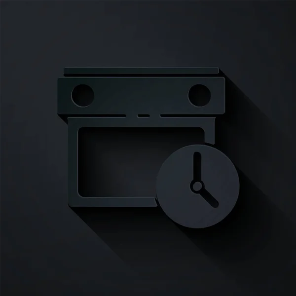 Corte de papel Calendario e icono del reloj aislados sobre fondo negro. Horario, cita, organizador, hoja de tiempo, gestión del tiempo. Estilo de arte de papel. Vector — Vector de stock