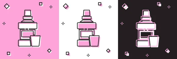 Set Bouteille en plastique et icône en verre rince-bouche isolé sur fond rose et blanc noir. Liquide pour rincer la bouche. Équipement de soins oraux. Vecteur — Image vectorielle