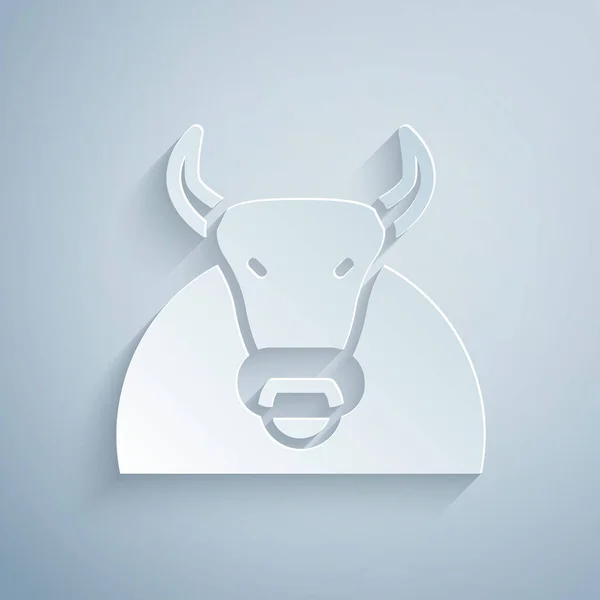 Toro icono de corte de papel aislado sobre fondo gris. Toro de combate español. Estilo de arte de papel. Vector — Vector de stock