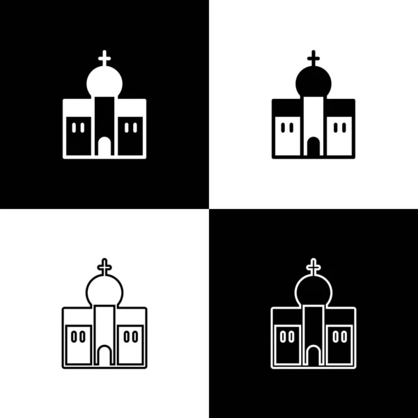 Placez l'icône du bâtiment de l'église isolée sur fond noir et blanc. Église chrétienne. Religion d'église. Vecteur — Image vectorielle