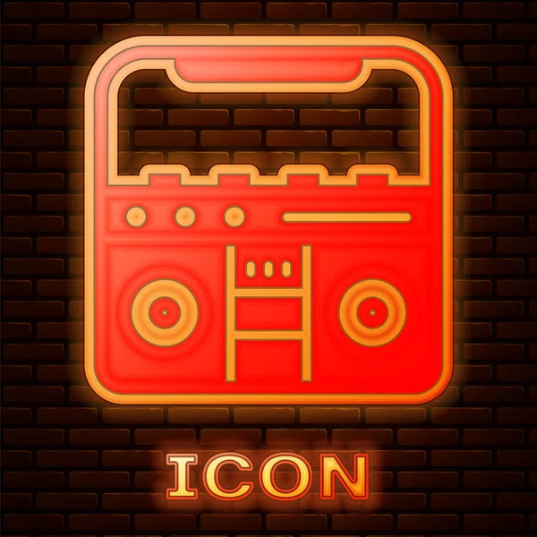 Illuminante neon Home stereo con due altoparlanti icona isolata su sfondo muro di mattoni. Sistema musicale. Vettore — Vettoriale Stock