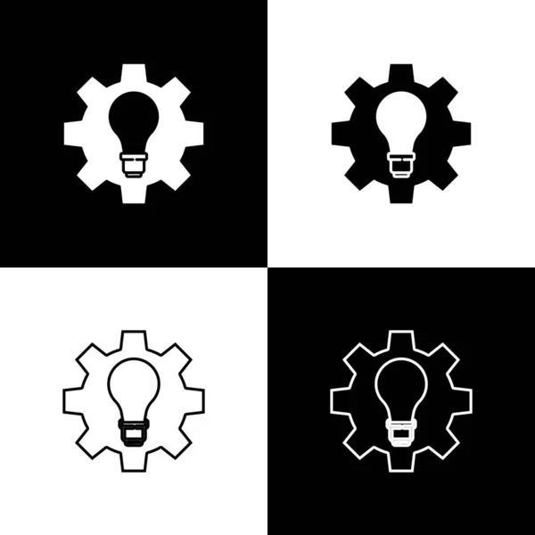 Set Icono de bombilla y engranaje aislado sobre fondo blanco y negro. Concepto de innovación. Idea de negocios. Vector — Archivo Imágenes Vectoriales
