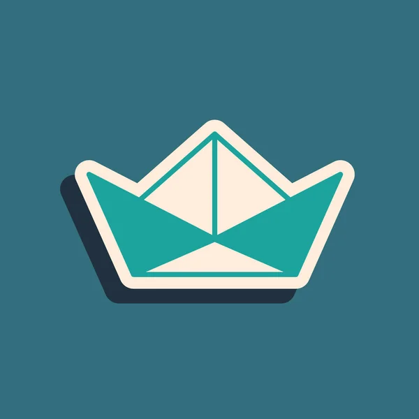 Grünes gefaltetes Papierboot-Symbol isoliert auf grünem Hintergrund. Origami Papierschiff. Langer Schatten. Vektor — Stockvektor
